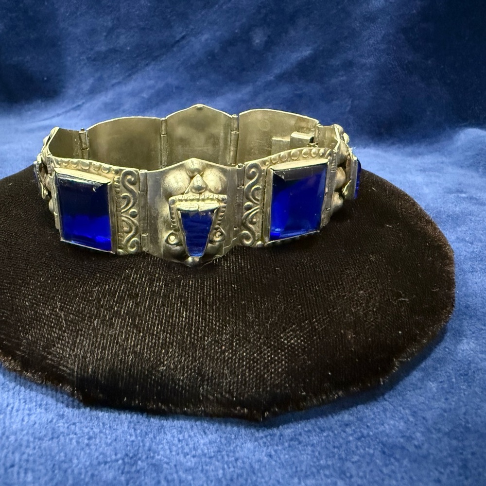 Vintage Silver Ton Mexico Stamped Blue Glass Bracelet